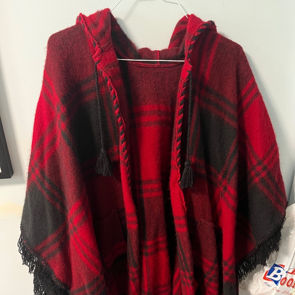 Beautiful wool cape with tassels hood and handwork open front square bottom